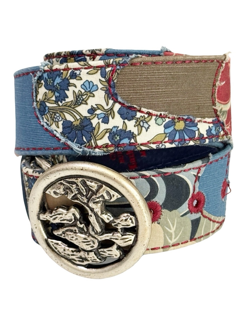 Lucky Brand Blue Patchwork Floral Silver Tree Buckle Belt Medium